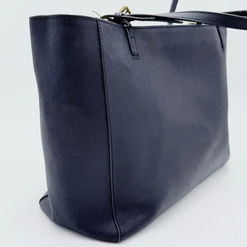 Tory Burch Navy Blue Saffiono Robinson Clutch Textured Leather Tote